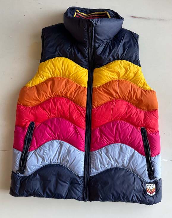 Marine Layer Jackets & Blazers - Marine Layer x Lost & Found Sunset Rainbow Colorblock Down Puffer Vest